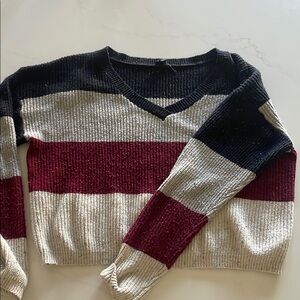 J.O.A. Colorblock V-Neck Sweater - Black, Burgundy, and Cream